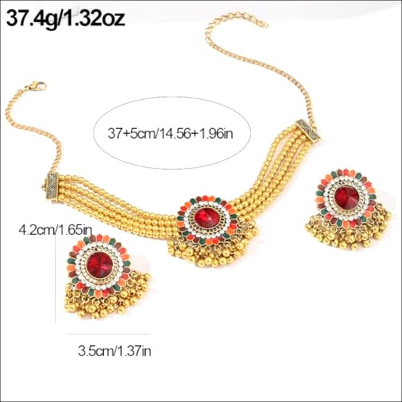 Gold Plated Enamel Red CZ Beaded Tassel Stud Earrings Layered Choker Necklace - Picture 2 of 7
